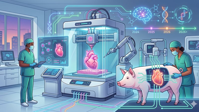 Футуристическая иллюстрация биопечати органов и ксенотрансплантации в современном медицинском стиле для статьи о трендах.
